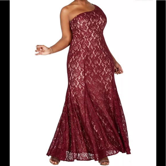 Women’s Formal Dress Plus Sizes 10P & 14W Burgundy Maxi Floral Lace One Shoulder - Picture 2 of 6